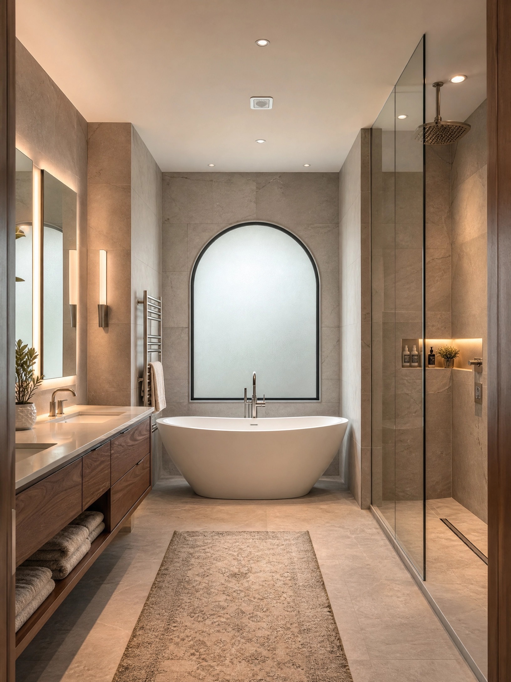 Primary bathroom with arched openings and freestanding tub